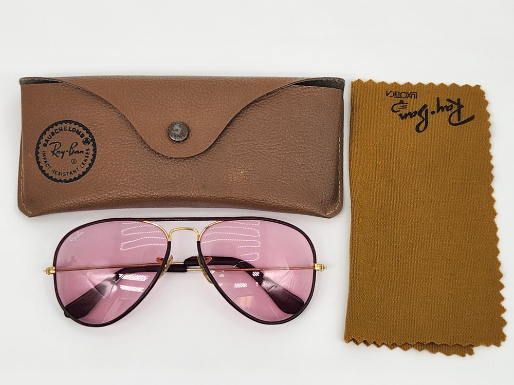 Vintage Ray-Ban Burgundy Leather Aviator Sunglasses Pink Lenses With Case 58-14